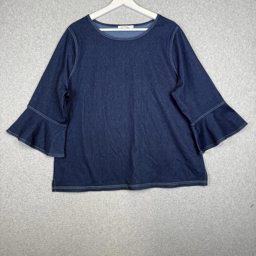 Chico's Women's Size 3, XL, Blue Babydoll 3/4 Puff Sleeve T-Shirt Top Blouse